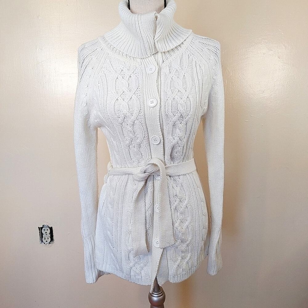 It's Our Time Size Medium M Long Sweater Tie Comfy Knit Button Long Sleeve Ivory